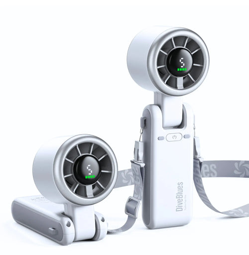 Witte Diveblues CYCLONE krachtige mini ventilator met USB-C snelladen en geconcentreerde 45 graden airflow.